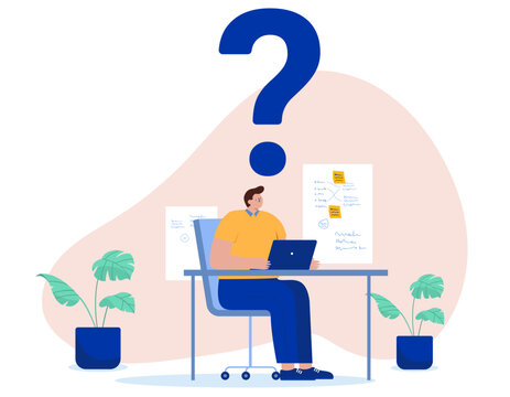 Man with question - Person sitting at desk with computer alone with big question mark above head. Flat design vector illustration with white background