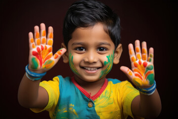 Happy kid enjoying hand painting. Children early development concept - obrazy, fototapety, plakaty