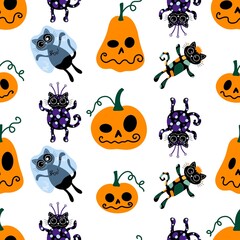 Halloween cat and pumpkins seamless ghost and skulls and poison pattern for wrapping paper and fabrics