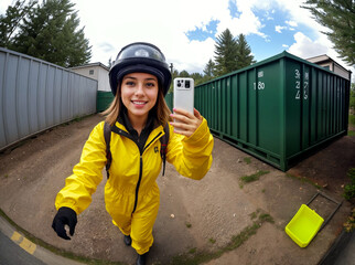 Fisheye lens, worker girl in hazmat suit cheerfully taking selfies, wide angle view mirror at work site