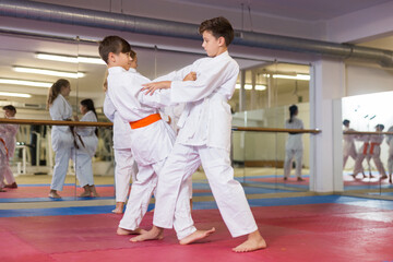 Two boys working in pair, mastering new karate moves in class