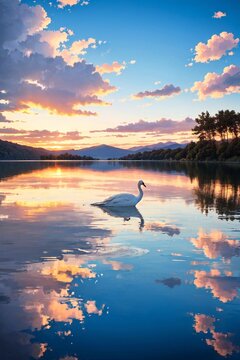 swans on the lake at sunset