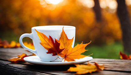 Coffee cup on a wooden table, surrounded by autumn leaves, with a softly blurred autumn background