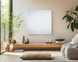 Blank frame hanging on Zen meditation room wall
