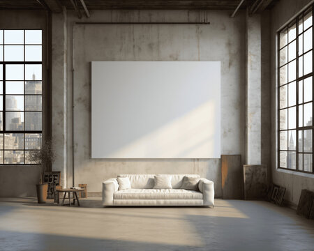 Blank white picture frame in modern living room
