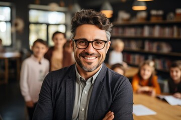 Smiling elementary male teacher posing in front of his students looking at the camera