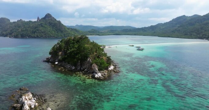 Drone view above the sea of Snake island, El Nido, Palawan, Philippines