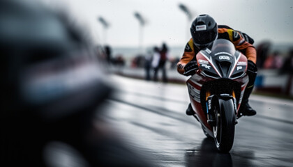 Blurred motion of motorcycle racing in rain generative AI