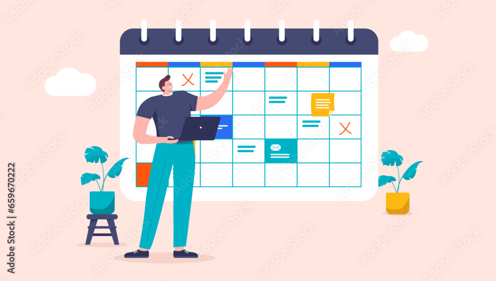 Fototapete project manager with calendar schedule - man standing with work week plan working, managing and orga
