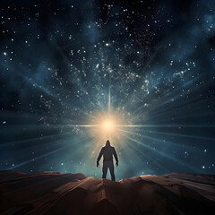 Man silhouette reaching up into the stars. AI generated.