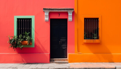 Fototapeta premium Vibrant flowers adorn old building balcony arch generative AI