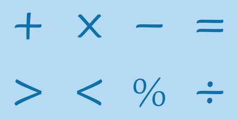 Basic math symbols for kids. Mathematical operations symbols. Plus, minus, multiply, divide, equal,percent, greater than and less than symbol. Mathematics resources for teachers and students.
