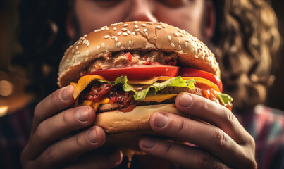 Hands holding delicious and tasty giant handmade burger close up for cafeteria, snacks and lunch. - obrazy, fototapety, plakaty