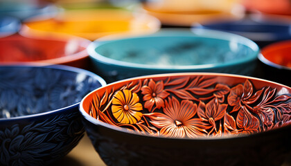 Vibrant earthenware collection, indigenous floral pattern decoration, craft product celebration generated by AI