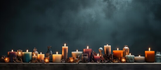 Various shaped candles burning on a table - obrazy, fototapety, plakaty