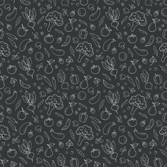 Seamless vector pattern with vegetables, fruits and berries in doodle style. Vegan ornament for fabrics and packaging