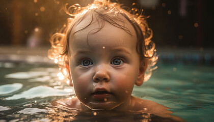 Fototapeta na wymiar Cute Caucasian baby splashing in swimming pool fun generative AI