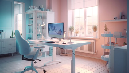 Modern domestic office with computer desk, chair, and technology equipment generated by AI