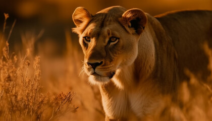 Wild lioness walking in savannah, alertness in her majestic eyes generated by AI