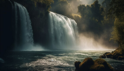 Majestic mountain cliff, wet with spray, flowing water splashing below generated by AI