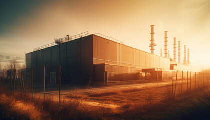 Fototapeta na wymiar Sunset illuminates industrial building, factory, and power generation equipment generated by AI
