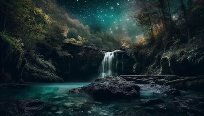 Tranquil scene of majestic forest, flowing water, and natural beauty generated by AI