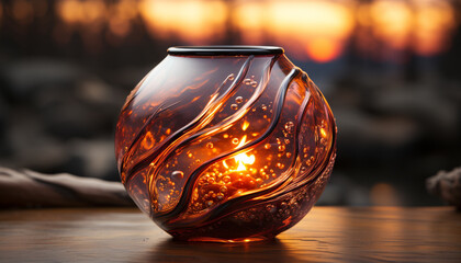 Rustic lantern illuminates antique vase, ornate pottery and glass decoration generated by AI