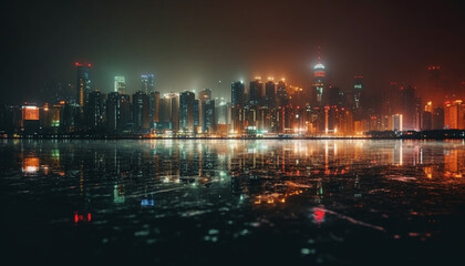 Fototapeta premium Modern skyline illuminates famous financial district waterfront at twilight generated by AI