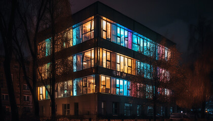Illuminated skyscrapers reflect on modern glass buildings in the cityscape generated by AI