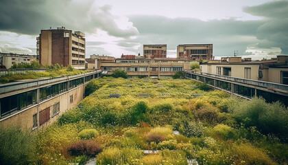 Fototapeta premium Modern skyscrapers dominate city skyline, nature and history vanishing generated by AI