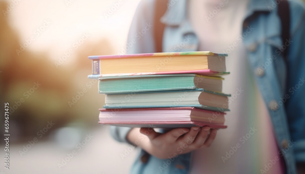 Poster one person holding a stack of textbooks studying in library generated by ai