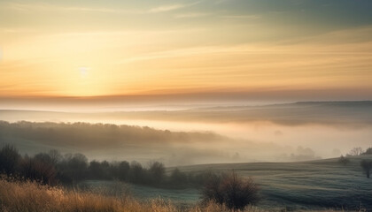 Tranquil sunset over rural landscape, foggy forest and meadow generated by AI