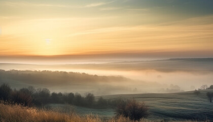 Fototapeta na wymiar Tranquil sunset over rural landscape, foggy forest and meadow generated by AI