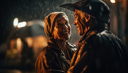 Obraz premium Smiling couple embraces in wet autumn night, celebrating love generated by AI