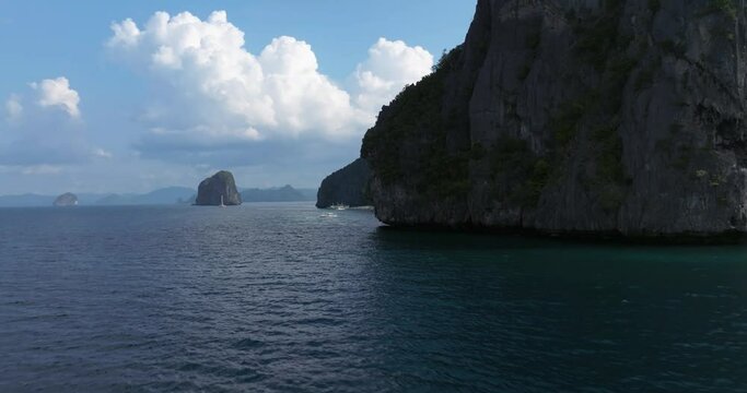 Drone view above the sea of a rock formation in El Nido, Palawan, Philippines