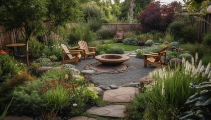 Tranquil scene of modern courtyard with landscaped garden and swimming pool generated by AI