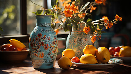 Rustic table with fresh fruit and organic lemon drink indoors generated by AI