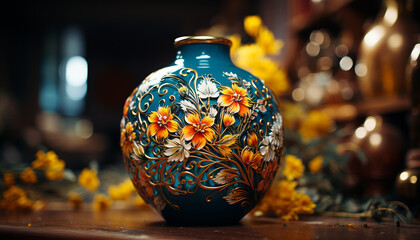 Rustic elegance  Antique ceramics, ornate pottery, and floral patterns adorn home generated by AI - obrazy, fototapety, plakaty