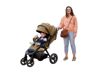 Woman mother walks with toddler baby boy sitting in a stroller, isolated on a white background....