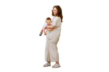 Mother holds a happy toddler boy boy in her arms, isolated on a white background. Mom with a smiling baby in white clothes, one year old kid