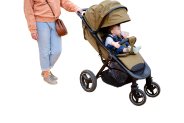 Woman mother walks with toddler baby boy sitting in a stroller, isolated on a white background. Child in a pram with mom. Kid aged one year