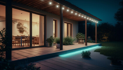 Modern architecture illuminates comfortable outdoor space with elegant lighting equipment generated by AI