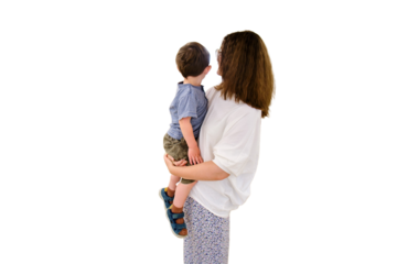A woman and her child are waiting for their appointment in the clinic lobby, observing the other patients and nurses in the public space, isolated on white background. Kid boy aged two years