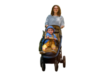 A woman with a baby in a stroller is enjoying a summer walk in the park, isolated on white background. Kid aged about two years (one year eleven months)