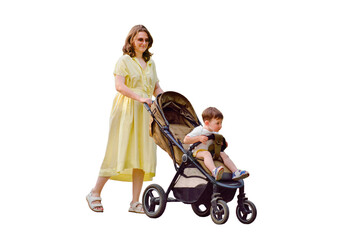 A mother woman walks with a toddler baby in a stroller walking along a path in a summer park, isolated on white background. Kid aged about two years (one year eleven months)