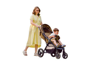 A mother woman walks with a toddler baby in a stroller walking along a path in a summer park, isolated on white background. Kid aged about two years (one year eleven months)