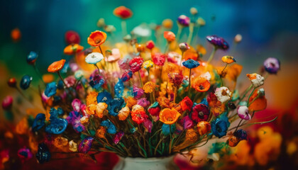 Vibrant bouquet of multi colored wildflowers in a pink vase generated by AI