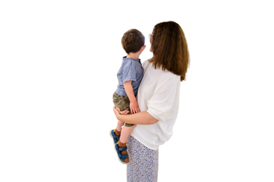 A woman and her child are waiting for their appointment in the clinic lobby, observing the other patients and nurses in the public space, isolated on white background. Kid boy aged two years