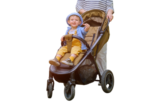 The woman and her baby son are enjoying the warm summer breeze while walking with their pushchair, isolated on white background. Kid aged about two years (one year eleven months)