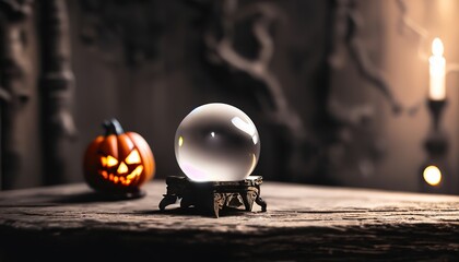 A witch crystal ball sitting on top of an old wooden table. Generative AI